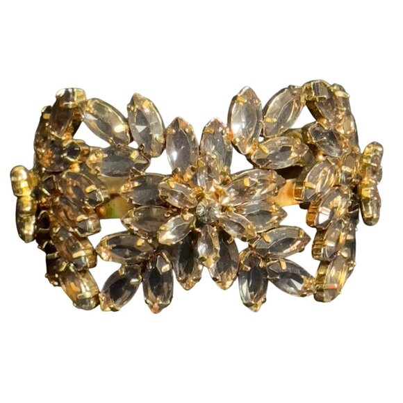 Elegant Floral Gold-Tone Cuff Bracelet Intricate Design Marquise Cut Stones - Picture 1 of 11